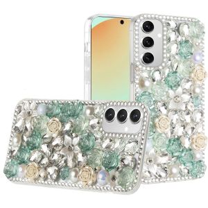 For Samsung S24 FE Rose Flower Full Diamond Bling Stones - Green