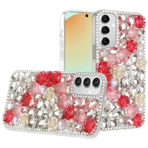 For Samsung S24 FE Rose Flower Full Diamond Bling Stones - Red