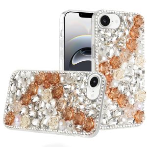 For iPhone 16E / SE4 Rose Flower Full Diamond Bling Stones - Gold