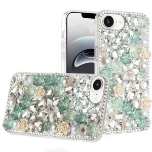For iPhone 16E / SE4 Rose Flower Full Diamond Bling Stones - Green