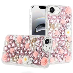 For iPhone 16E / SE4 Rose Flower Full Diamond Bling Stones - Pink