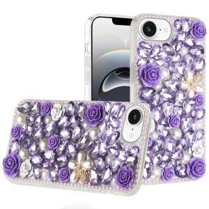 For iPhone 16E / SE4 Rose Flower Full Diamond Bling Stones - Purple