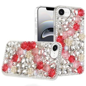 For iPhone 16E / SE4 Rose Flower Full Diamond Bling Stones - Red