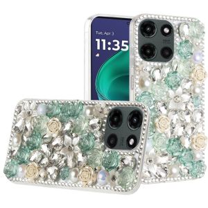 For Moto G Stylus 5G 2025 Rose Flower Full Diamond Bling Stones - Green