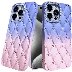 For iP15 Pro Max Floral Joy Glitter Shimmer Leather Feel Thick TPU Case - Light Blue/Light Pink