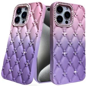 For iP15 Pro Max Floral Joy Glitter Shimmer Leather Feel Thick TPU Case - Light Pink/Light Purple
