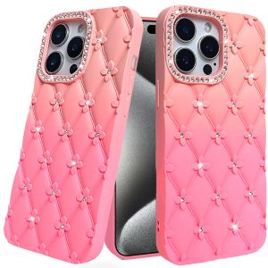 For iP15 Pro Max Floral Joy Glitter Shimmer Leather Feel Thick TPU Case - Orange/Pink