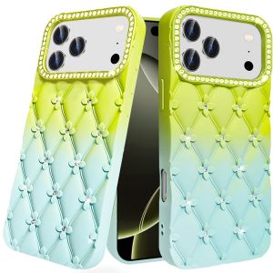 For iPhone 17 Pro Max Floral Joy Glitter Shimmer Leather Feel Thick TPU Case - Light Green/Teal