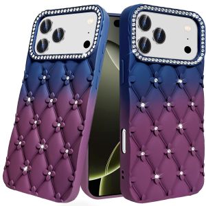 For iPhone 17 Pro Floral Joy Glitter Shimmer Leather Feel Thick TPU Case - Dark Blue/Burgundy