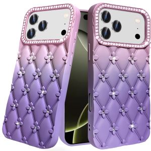 For iPhone 17 Pro Floral Joy Glitter Shimmer Leather Feel Thick TPU Case - Light Pink/Light Purple