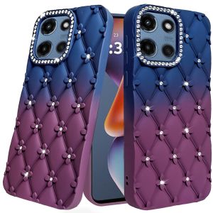 For Motorola Moto G 5G 2025 Floral Joy Glitter Shimmer Leather Feel Thick TPU Case - Dark Blue/Burgundy