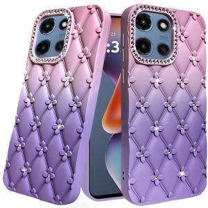 For Motorola Moto G 5G 2025 Floral Joy Glitter Shimmer Leather Feel Thick TPU Case - Light Pink/Light Purple