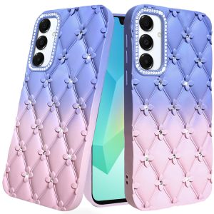 For Samsung A16 5G Floral Joy Glitter Shimmer Leather Feel Thick TPU Case - Light Blue/Light Pink