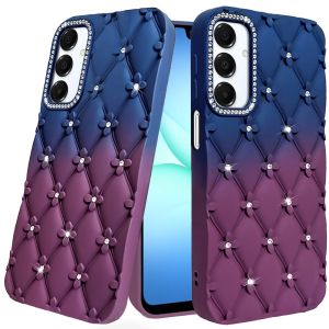 For Samsung A17 5G Floral Joy Glitter Shimmer Leather Feel Thick TPU Case - Dark Blue/Burgundy