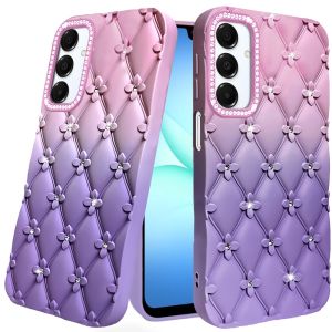 For Samsung A17 5G Floral Joy Glitter Shimmer Leather Feel Thick TPU Case - Light Pink/Light Purple