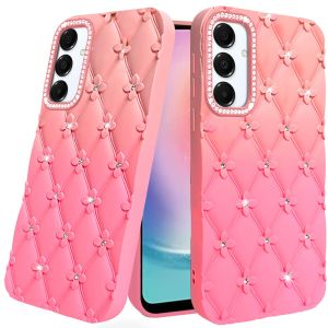For Samsung Galaxy A26 Floral Joy Glitter Shimmer Leather Feel Thick TPU Case - Orange/Pink