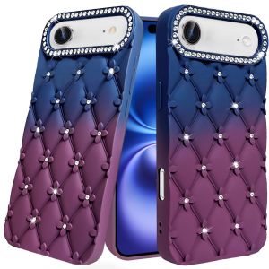 For iPhone 17 Air Floral Joy Glitter Shimmer Leather Feel Thick TPU Case - Dark Blue/Burgundy