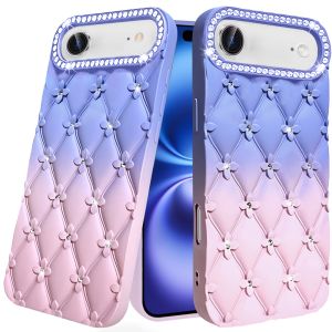 For iPhone 17 Air Floral Joy Glitter Shimmer Leather Feel Thick TPU Case - Light Blue/Light Pink