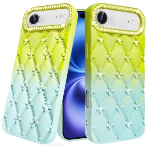 For iPhone 17 Air Floral Joy Glitter Shimmer Leather Feel Thick TPU Case - Light Green/Teal