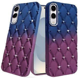 For Samsung Galaxy s25 Edge Floral Joy Glitter Shimmer Leather Feel Thick TPU Case - Dark Blue/Burgundy