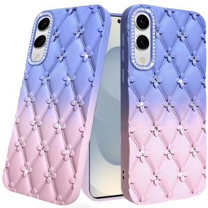 For Samsung Galaxy s25 Edge Floral Joy Glitter Shimmer Leather Feel Thick TPU Case - Light Blue/Light Pink