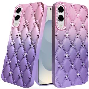 For Samsung Galaxy s25 Edge Floral Joy Glitter Shimmer Leather Feel Thick TPU Case - Light Pink/Light Purple