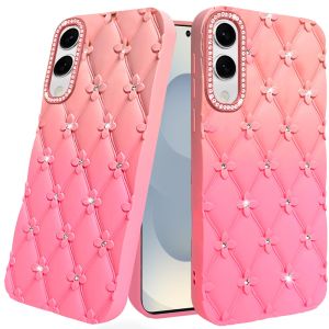 For Samsung Galaxy s25 Edge Floral Joy Glitter Shimmer Leather Feel Thick TPU Case - Orange/Pink
