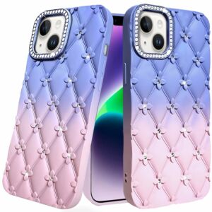 For iPhone 13/14 Floral Joy Glitter Shimmer Leather Feel Thick TPU Case - Light Blue/Light Pink