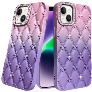 For iPhone 13/14 Floral Joy Glitter Shimmer Leather Feel Thick TPU Case - Light Pink/Light Purple