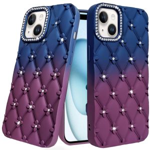 For iPhone 13/14 Floral Joy Glitter Shimmer Leather Feel Thick TPU Case - Dark Blue/Burgundy