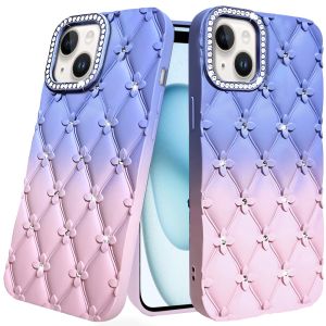 For iPhone 15 Floral Joy Glitter Shimmer Leather Feel Thick TPU Case - Light Blue/Light Pink