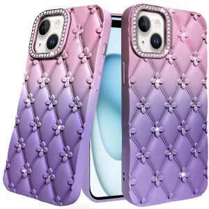 For iPhone 15 Floral Joy Glitter Shimmer Leather Feel Thick TPU Case - Light Pink/Light Purple