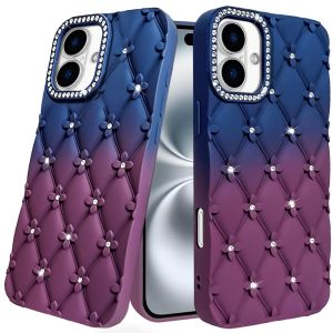 For iPhone 15 Floral Joy Glitter Shimmer Leather Feel Thick TPU Case - Dark Blue/Burgundy