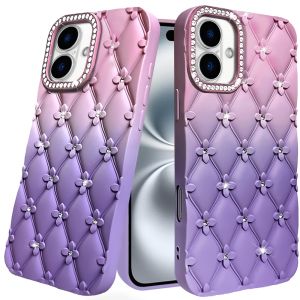 For iPhone 16 6.1 inch Floral Joy Glitter Shimmer Leather Feel Thick TPU Case - Light Pink/Light Purple