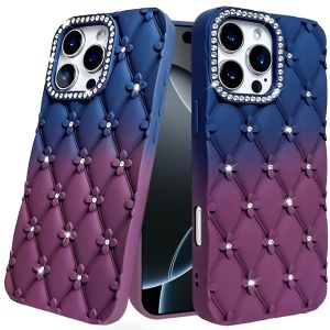 For iPhone 16 6.1 inch Floral Joy Glitter Shimmer Leather Feel Thick TPU Case - Dark Blue/Burgundy