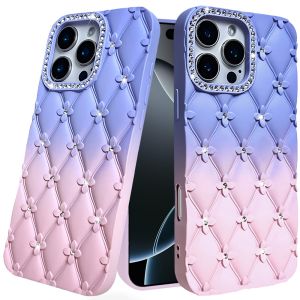 For iPhone 16 Pro 6.3 inch Floral Joy Glitter Shimmer Leather Feel Thick TPU Case - Light Blue/Light Pink