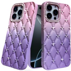 For iPhone 16 Pro 6.3 inch Floral Joy Glitter Shimmer Leather Feel Thick TPU Case - Light Pink/Light Purple