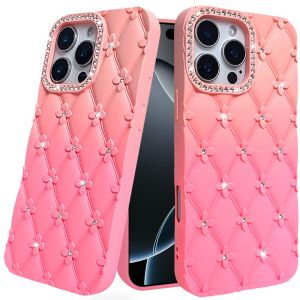 For iPhone 16 Pro 6.3 inch Floral Joy Glitter Shimmer Leather Feel Thick TPU Case - Orange/Pink