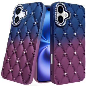 For iPhone 17 Floral Joy Glitter Shimmer Leather Feel Thick TPU Case - Dark Blue/Burgundy