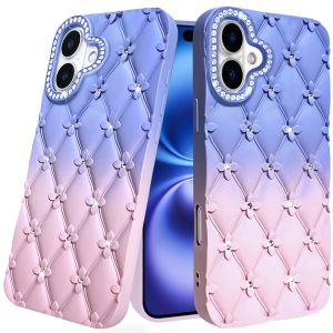 For iPhone 17 Floral Joy Glitter Shimmer Leather Feel Thick TPU Case - Light Blue/Light Pink
