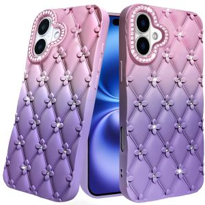 For iPhone 17 Floral Joy Glitter Shimmer Leather Feel Thick TPU Case - Light Pink/Light Purple