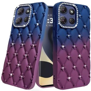For Motorola Edge 2025 Floral Joy Glitter Shimmer Leather Feel Thick TPU Case - Dark Blue/Burgundy