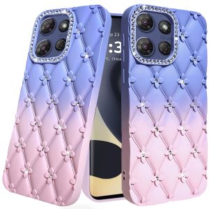 For Motorola Edge 2025 Floral Joy Glitter Shimmer Leather Feel Thick TPU Case - Light Blue/Light Pink