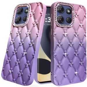 For Motorola Edge 2025 Floral Joy Glitter Shimmer Leather Feel Thick TPU Case - Light Pink/Light Purple