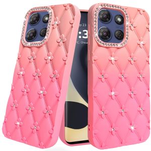 For Motorola Edge 2025 Floral Joy Glitter Shimmer Leather Feel Thick TPU Case - Orange/Pink