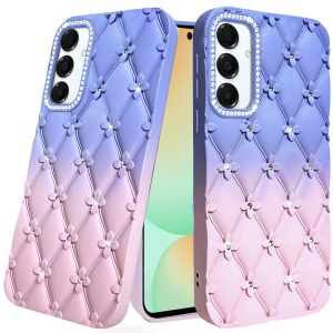 For Samsung S24 FE Floral Joy Glitter Shimmer Leather Feel Thick TPU Case - Light Blue/Light Pink