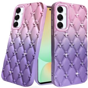 For Samsung S24 FE Floral Joy Glitter Shimmer Leather Feel Thick TPU Case - Light Pink/Light Purple