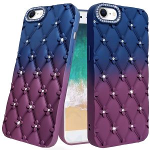 For iPhone 16E / SE4 Floral Joy Glitter Shimmer Leather Feel Thick TPU Case - Dark Blue/Burgundy