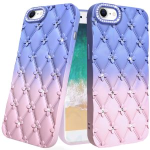 For iPhone 16E / SE4 Floral Joy Glitter Shimmer Leather Feel Thick TPU Case - Light Blue/Light Pink