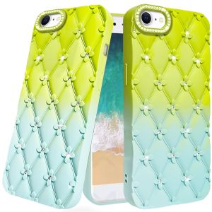 For iPhone 16E / SE4 Floral Joy Glitter Shimmer Leather Feel Thick TPU Case - Light Green/Teal